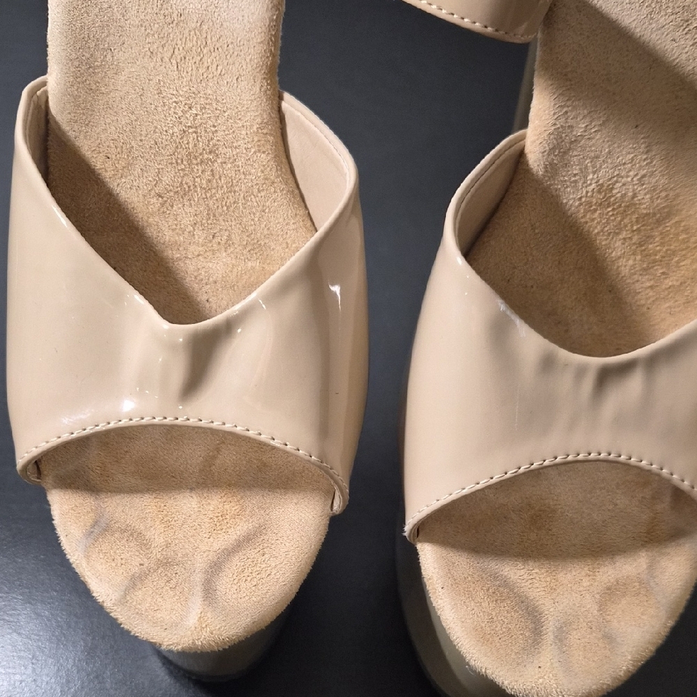 Pleaser Beige Patent Platform Sandals with Ankle Strap - Picture 7 of 11
